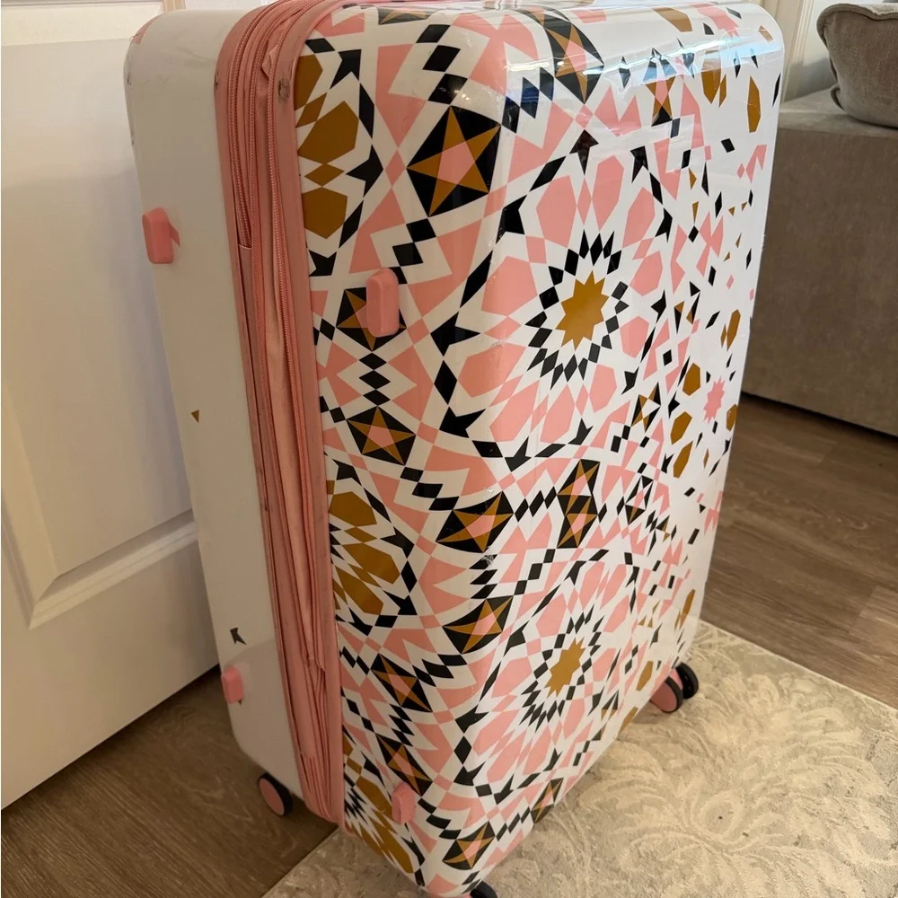Geometric Patterned Pink and Gold Suitcase